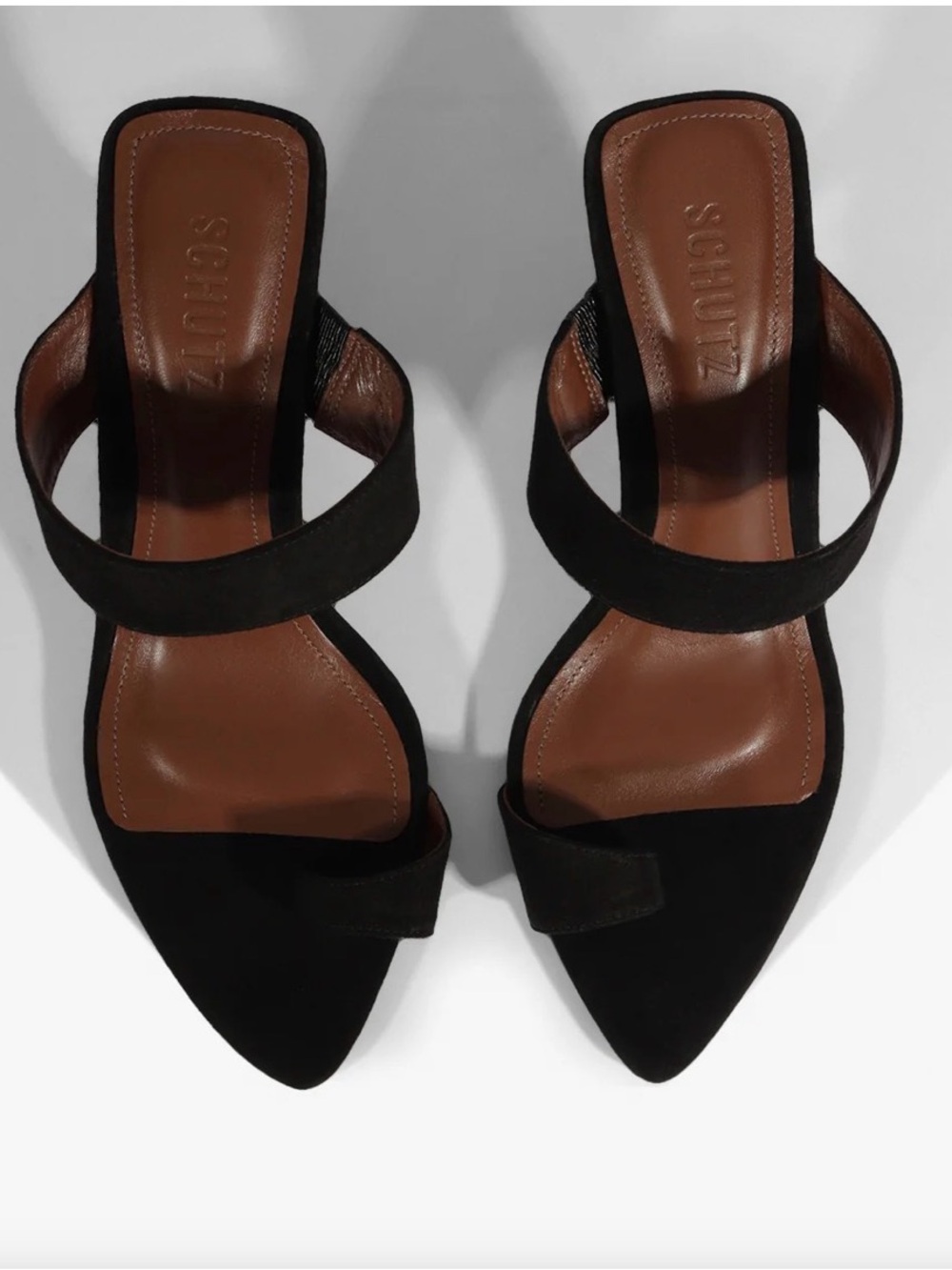 SCHUTZ Black Suede Pointed Toe Slide Mules. Available in BLACK/6